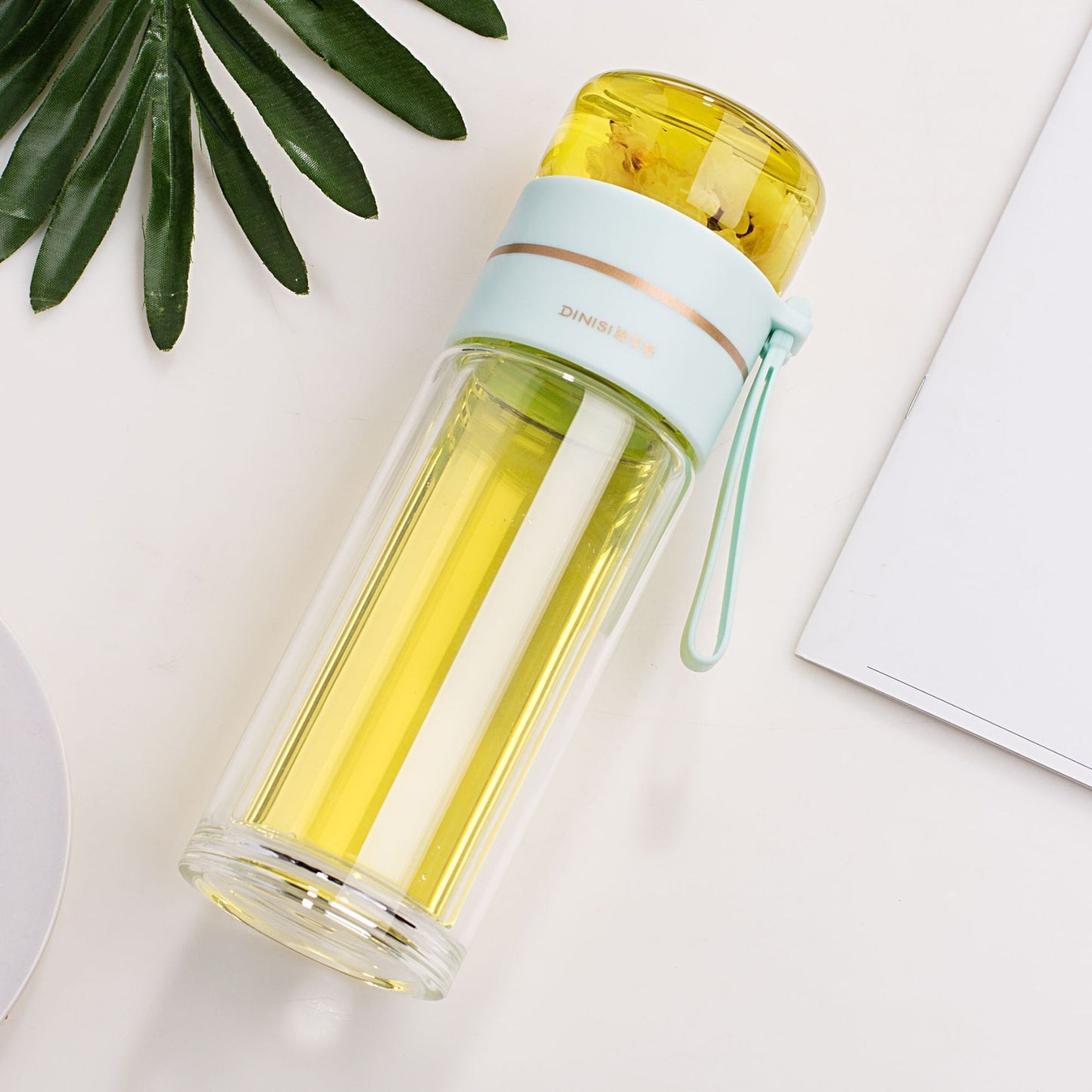 Glass water bottle with tea infuser filter, leak proof water bottle