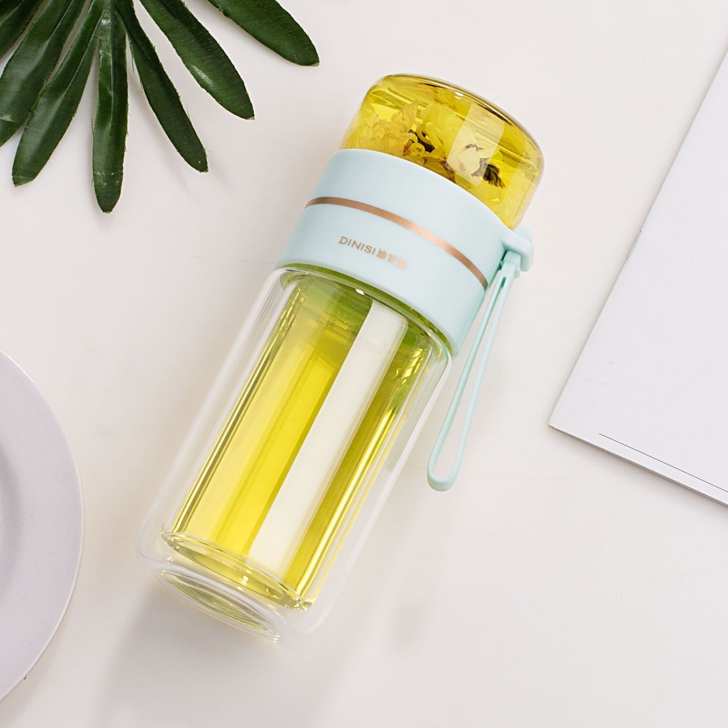 Glass water bottle with tea infuser filter, leak proof water bottle